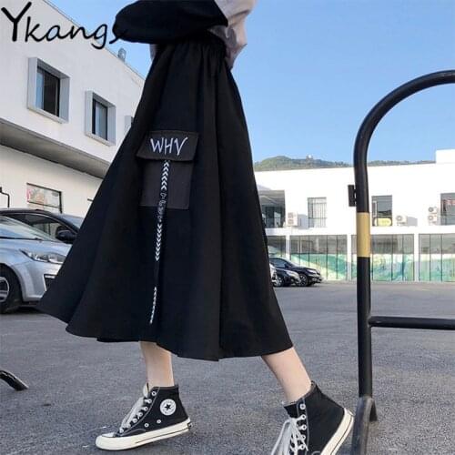 Harajuku Streetwear Gothic cargo Skirts Women 2020 Black High Waist A-line Skirt Casual Vintage Midi Skirt Female Streetwear