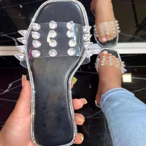 2021 Women Crystal Colorful Slippers Female Summer Beach Fashion Rhinestone Casual Slides Ladies New Square Toe Flat Plus Size