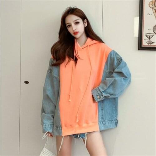 Autumn Denim Spliced Sweatshirt Women Harajuku Hoodie Fashion Patchwork Long Sleeve Pullover Loose Hooded Female Clothes H1175