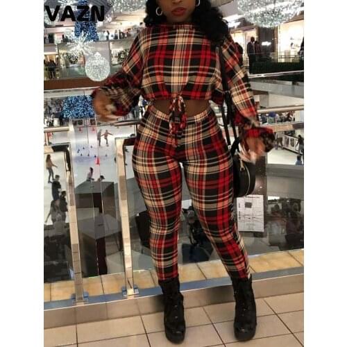 VAZN 2020 Hot Classic Plaid Plus Size Overalls Elegant Young Daily Full Sleeve High Waist Long Pants Skinny Women 2 Piece Set