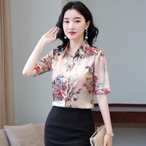 Women Summer New Floral Silk Shirts Korean Elegant Ladies White Tops M-5XL Plus Size Button Up Boho Shirts blusas mujer de moda