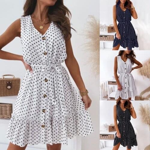 Women Tank Dress With Belt V Neck Ruffle Shirt Dress Polka Dot Printed Sleeveless Summer Midi Fashion Street Wear Sundress D30