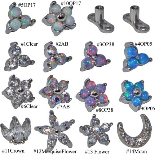 1PC Opal Flower Triangle Micro Dermal Anchor Top CZ Gem Crown Skin Diver Dermal Anchor Surface Piercing Implants Sexy Jewelry