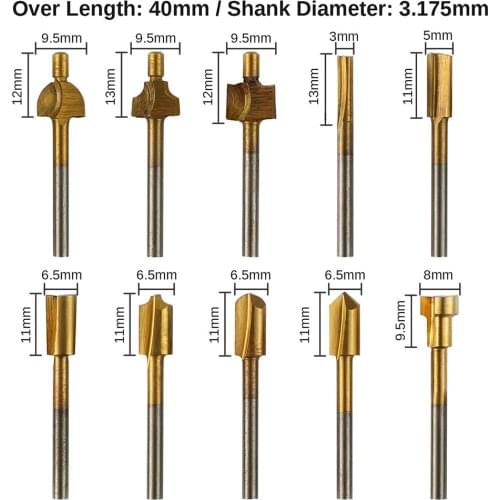 10PCS Titanium Coat HSS Rotary Burr Set 1/8" Shank, for Woodworking, Drilling, Metal Carving, Engraving, Polishing, RR10A