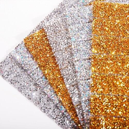 24cm*40cm Hot Fix /self Adhesive Acrylic Crystal AB /golden Rhinestones Chain Trim Iron on Appliques for Dresses Clothes Shoes