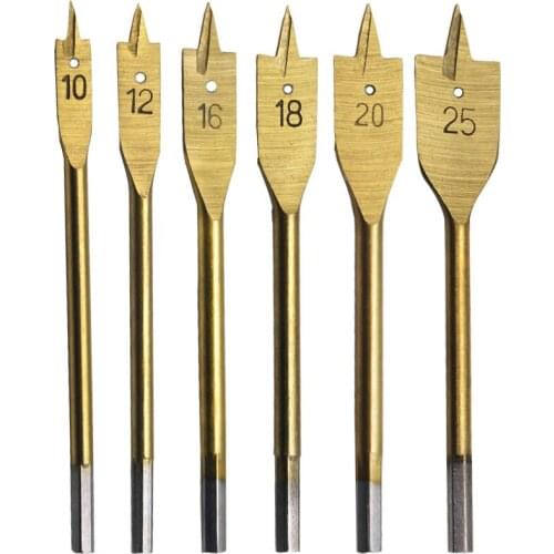 Power Tools 6pcs Titanium Coating Hex Shank Spade Bits Flat Boring Bit Wood Drill Bit Power Tools Hole Saw 10,12,16,18,20,25mm