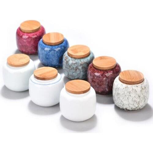 Ceramic Tea Box Jar Glaze Kiln Change Tea Caddy with Wood Lid Kungfu Green Tea Storage Canister Kitchen Teaware Tool