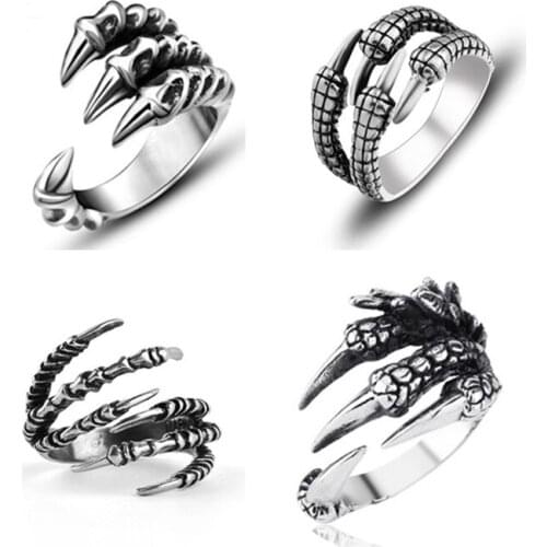 Punk Retro Silver Color Eagle Claw Adjustable Ring Men Hiphop Skull Domineering Dragon Open Ring Women Gothic Accessories B113