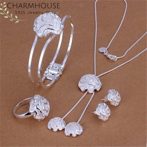 Charmhouse Silver 925 Jewelry Sets For Women Rose Flower Bangle Bracelet Earrings Necklace Ring 4 pcs Set Wedding Bridal Gifts