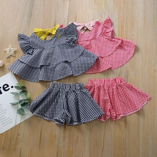 2PCS Kid Baby Girl Clothes Sets Ruffles Plaid Short Sleeve Ruffle T-shirt+shorts Outfit Set Toddler Girls Clothing Sets CL320