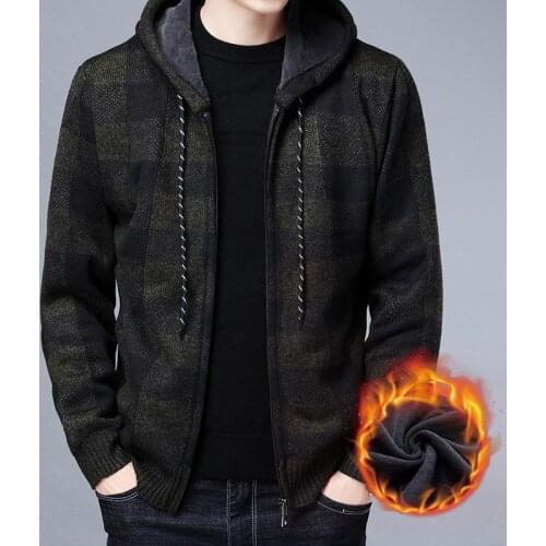 2021 Mens Sweater Coat Autumn Winter Thick Warm Hooded Plaid Wool Liner Sweater Cardigan Jumpers Zipper Fleece Sweatercoat Men