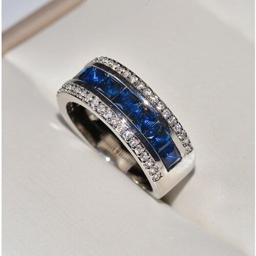 Luxury Micro Royal Blue CZ Paved Engagement Wedding Rings for Women Stainless Steel Colorful Crystal Cubic Zirconia Girl Jewelry