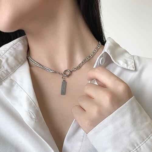 Punk Crystal Alphabet Pendant Titanium Steel Necklace For Women Silver Color Stainless Steel Clavicle Chain Party Jewelry