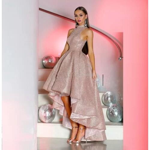 Rose Gold Prom Dresses Glitter Sequined Arabic Dubai graduation Party Dress Cheap African Girls Formal Dubai Evening Gowns