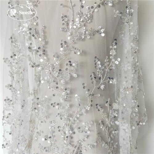 Silver Beaded Sequin Lace Fabric Wedding Evening Dress Bridal Dress Shiny Branches Sewing Accessories RS2975