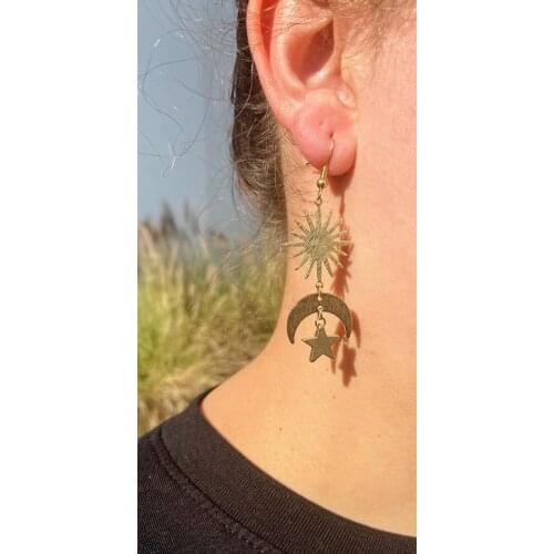 Celestial earrings | Sun and moon earrings | Star earrings | Brass earrings | Gold earrings | Space earrings