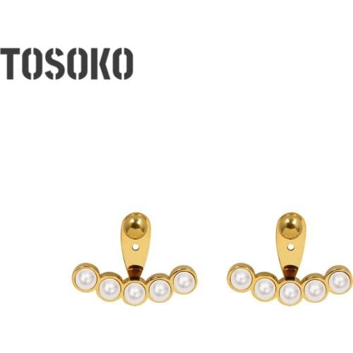 TOSOKO Stainless Steel Jewelry Fan shaped Pearl Earrings Elegant earrings for women BSF471