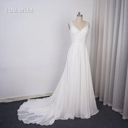 Chiffon A line Wedding Dress V Neckline with Lace Appliques Beaded Illusion Back with Button