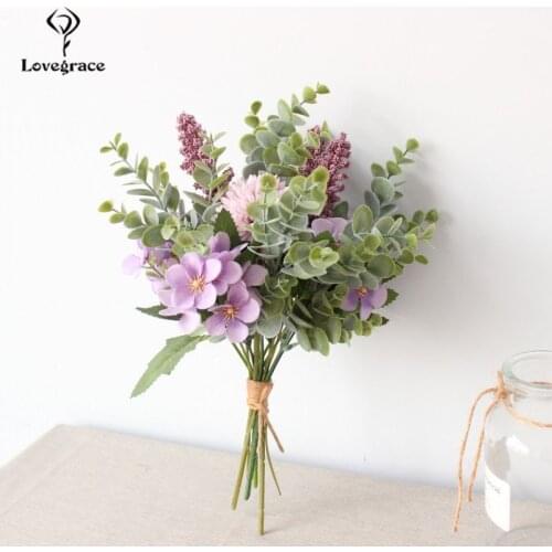 Lovegrace Bridal Wedding Bouquet Artificial Silk Crabapple Flower Bouquet White Blue Pompom Eucalyptus Leaves Wedding Supplies