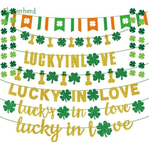 St. Patricks Day Lucky In Love Banner Glitter Alphabet Flag Irish Clover Decoration Garland Baby Shower Decorations