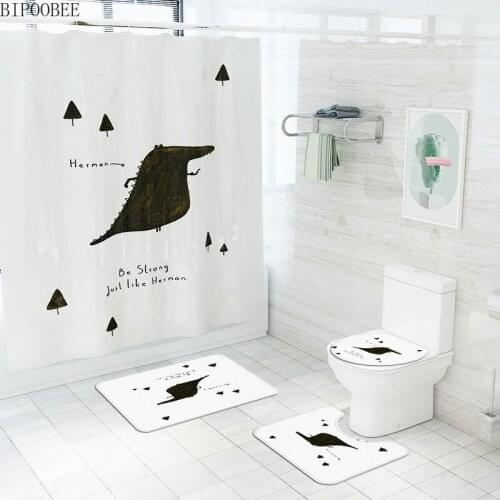 Cute Monster Bathroom Curtain Set Cartoon Polyester Waterproof Shower Curtains Toilet Lid Cover Rug Bath Mats Anti-slip Carpet