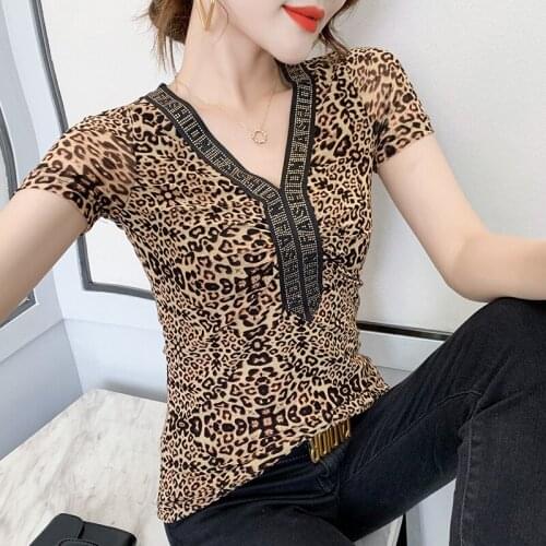 Womens T-Shirt New 2021 Summer Short Sleeve Leopard Tops Shirt Elegant Slim V-Neck Mesh tshirt Diamond Blusas