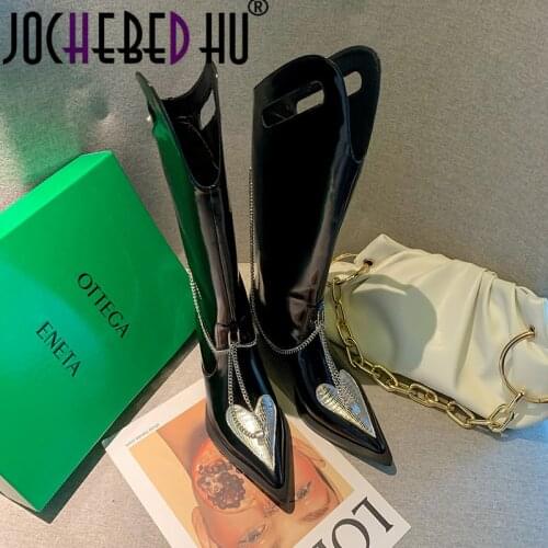 【JOCHEBED HU】Womens Black Knee High Boots Pointed Toe Pull On Knight Shoes Metal Decoration Chain 33-40