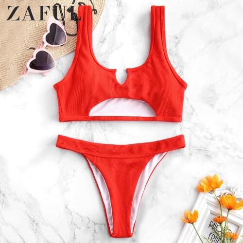 ZAFUL Bikini Ribbed High Leg Cutout Bikini Set Scoop Neck Padded High Cut Sexy Swimsuit Solid Push Up Swimwear Bathing Suit 2019