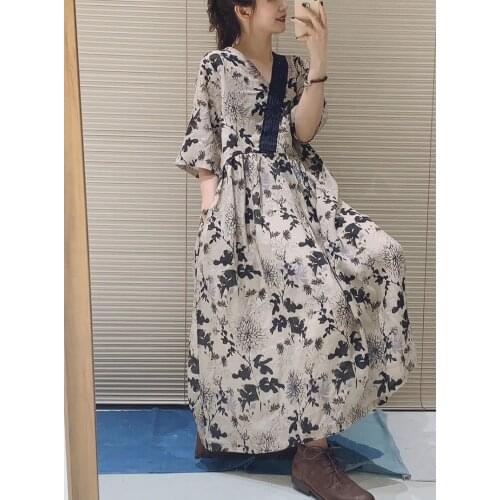 Summer Retro Women Dress Large size Loose Print Casual Dress 2021 New Ladies V-Neck Short Sleeve Spliced Vintage Dress