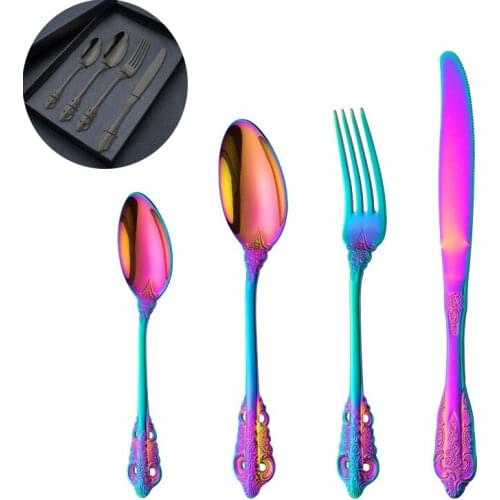 1/4pcs Set Dinnerware Dinner Set Portable Printed Stainless Steel Spoon Fork Steak Knife Set Travel Cutlery Tableware with Box