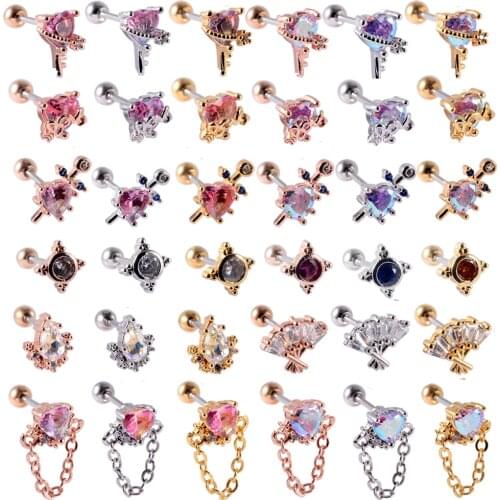 1PCS Flash Powder Stainless Steel Crystal Ear Studs Cartilage Helix Lobe Conch Rook Piercing Screw Earrings Body Piercing Jewelr