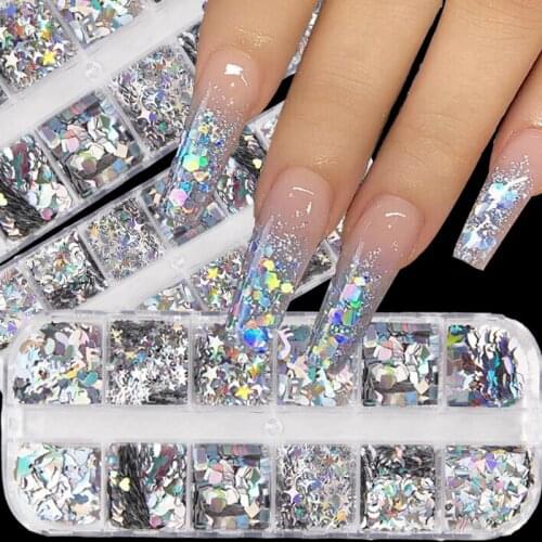 12 grids/box holographic laser nail sequins mixed triangle moon star heart silver glitter flake decoration nail art decoration