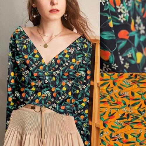140CM 16MM Print Thin Black Orange Crepe De Chine Fabric Good for Summer Dress Skirt Shirt Scarf Pants J155