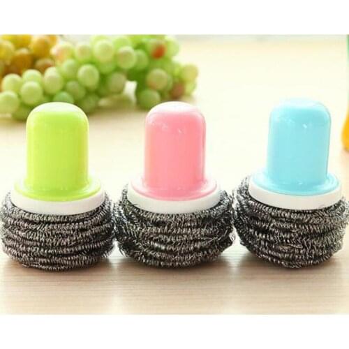 2pcs 7cm Dia. Short Handle Steel Wire Ball Brush Dish Cleaning Steel Wire Heavy Duty Cleaning Scrub Brush for Kitchen Cleaning