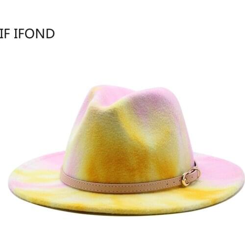 2021 Tie-dye Printing Women hat Wool Felt Fedora Wide Brim Ladies Top Hats Panama Gentleman Elegant Jazz Caps