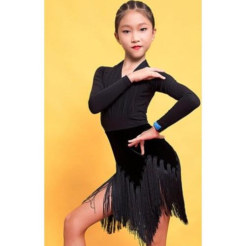 2021 New G3281 Long Sleeve Kids Latin Dance Dress Tassel and Wrinkle Design Girl Latin Dancing Cloth Stage Ballroom Dancewear