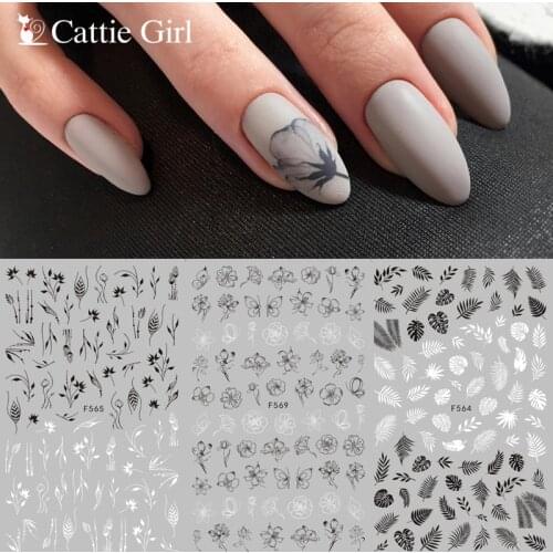 1 Sheet Flowers 3D Nail Sticker Black Line Nail Art Design Leaf Flowers Lily Tulip Nails Stickers of Kids DIY Decorations