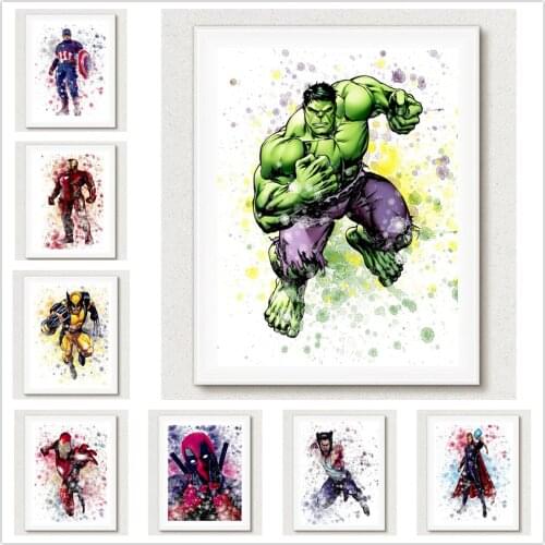 Watercolor Marvel Canvas Painting Superhero Hulk Iron Man Captain America Spiderman Wall Art Posters and Prints Kids Room Decor