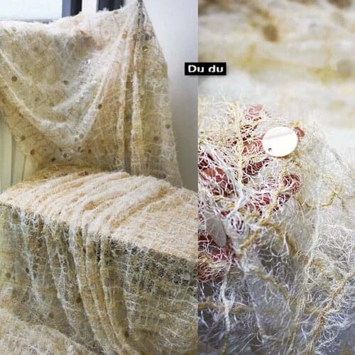 50*130cm Pale yellow Irregular Matt Clothing Fabric Sequins Bud silk Bead piece Fabric Fabric DIY