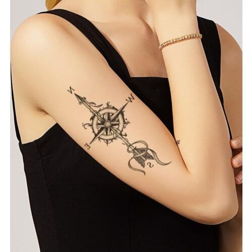 Black Compass Temporary Tattoo Stickers Cool Arrow Vine Letters Deign Fake Tatto Waterproof Tatoos Arm Large Size for Women Men