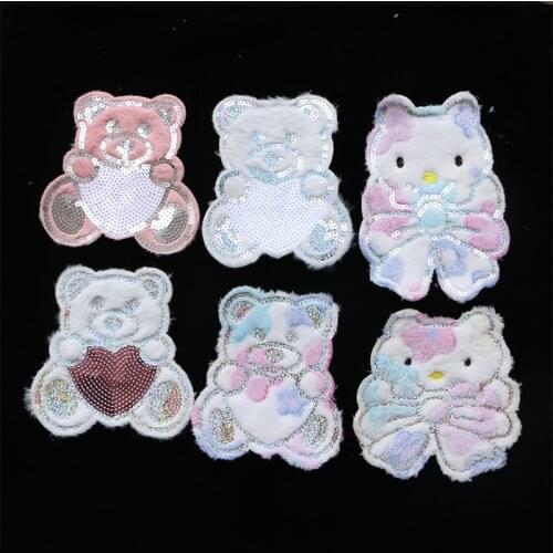 Color flannel Patch Bear Kitty Sequins icon Embroidered Applique Patches For kawaii clothes DIY Iron on Badges on a backpack