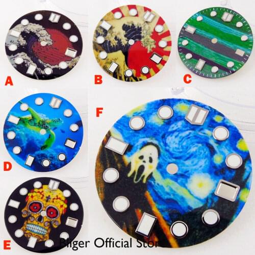 Fit NH35A 28.5mm Nologo Colorful Watch Dial Skeleton/Abstract/Tortoise/Surfing Pattern Greeen Luminous Marks