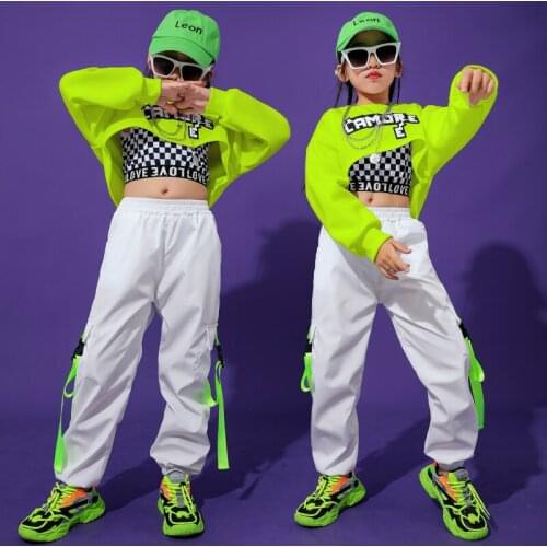 ChildrenS Hip-Hop Dance Costume Kids Fluorescent Green Suit Girls Jazz Dance Show Wear Performance Outfits Street Wear BI149