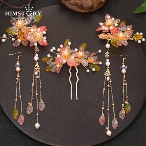 HIMSTORY Vintage Chinese Ice Cream Color Flower Wedding Hairpins Girls Bridal WeddingHandfu Hair Stick with Earring Accessories