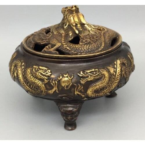 China brass Double Dragon Play Beads incense burner crafts statue