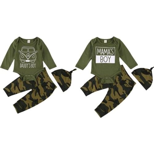 New Infant Long Sleeve Romper+ Trousers+ Hat, Camouflage Pattern Wide Elastic Waistband Bottom Button Spring Clothing