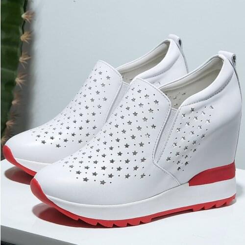 Hollow Fashion Sneakers Women Cow Leather Wedges High Heel Ankle Boots Female Summer Round Toe Platform Pumps Shoes Casual Shoes