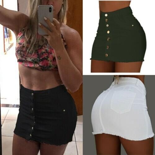 Summer Womens ladies A-line Denim short Skirt Button High Waist Denim Pockets Skirt Harajuku Mini High Quality Jean