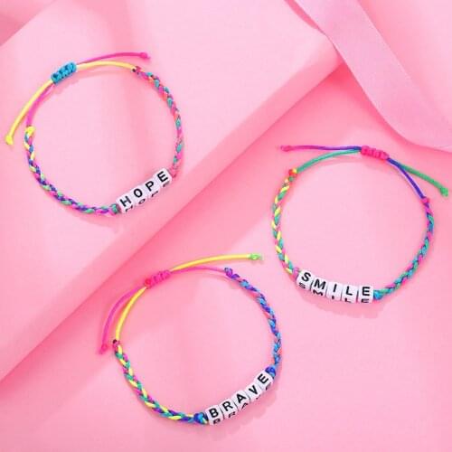 Cute Children Colorful Rope Chain Letters Positive Energy English Words Candy Color Acrylic Charm Bangle 2021 Fashion Jewelry