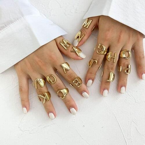 Fashion A-Z 26 Letter Gold Silver Color Metal Opening Ring Initials Name Alphabet Female Party Rings Women Jewelry